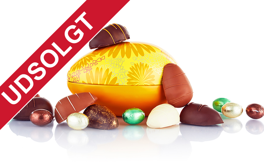 352 g marcipanæg + multicolour pralinéæg i gult metalæg